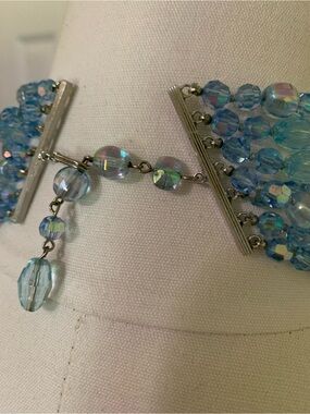 VTG MCM 7 Strand Blue Crystal Bead Bib Necklace Aurora Borealis Statement 14.5"